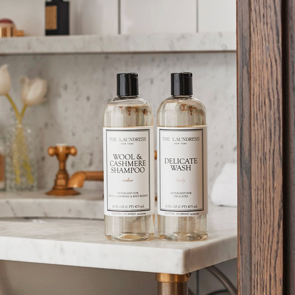 The Laundress Delicate Wash & Wool & Cashmere Shampoo sitting on bathroom sink counter